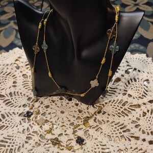 Vintage Anne Klein Gold Tone With Green, Cream, Tan, Black Floral Bead Necklace